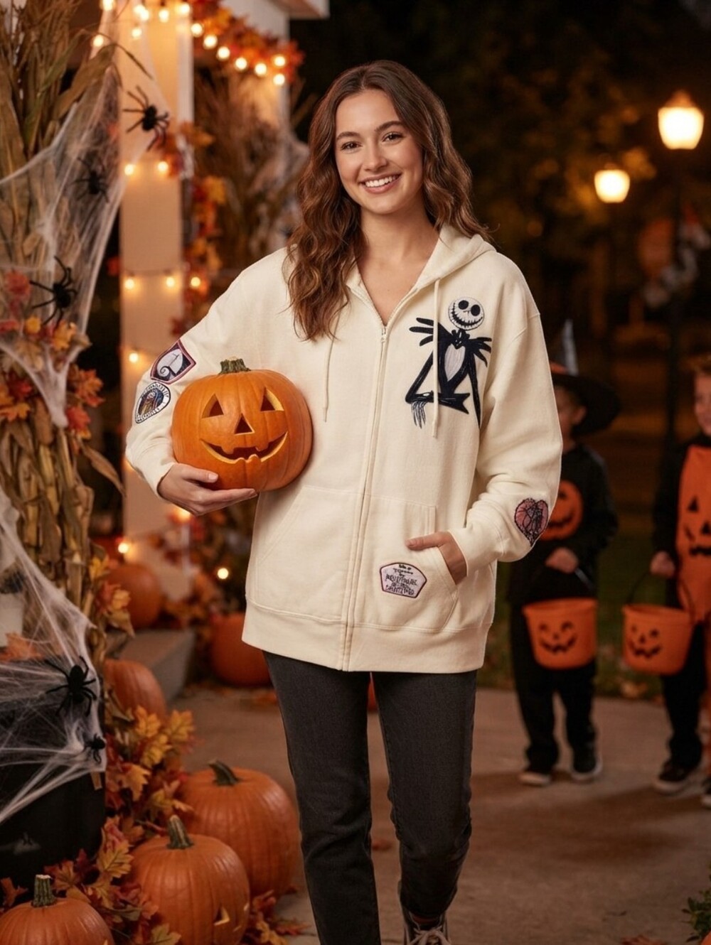 Disney The Night Before Christmas Ivory Zip-Up Hoodie Embroidered Patch XL